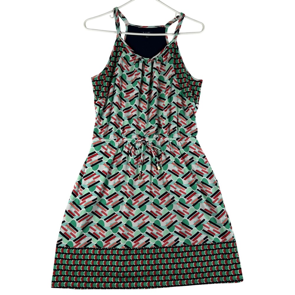 Kaari Blue Dress Womens Small Geometric Print High Neck Drawstring Pockets